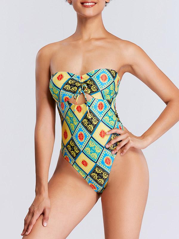 Vintage Print Hollow Bandage Bandeau One-Piece Swimwear