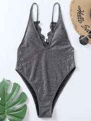 Halterneck Split-Joint Lace Sequined One-Piece Swimwear