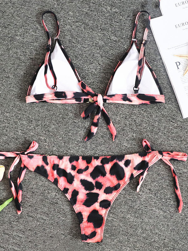 Beaded Decorated Leopard Print Triangles Tie Side Bikini Swimwear