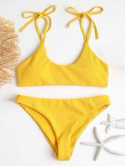 Solid Color Bandage Spaghetti-Neck Split Bikini Swimsuit