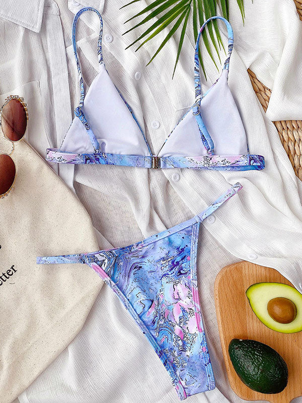 Tie-Dyed Floral-Print Triangles Split Bikini Swimsuit