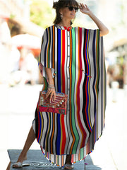 Striped Loose Pocket Cardigan Vacation Beach Cover-Up Swimwear