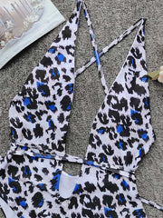 Sexy Blue Leopard Deep V-Neck Backless Bandage One-Piece Swimwear