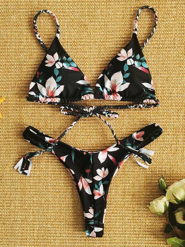 Floral-Print Triangle Split Bikini Swimsuit