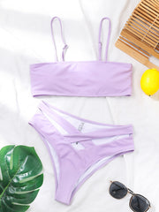 Solid Color Bandeau Spaghetti-Neck Hollow Split Bikini Swimsuit