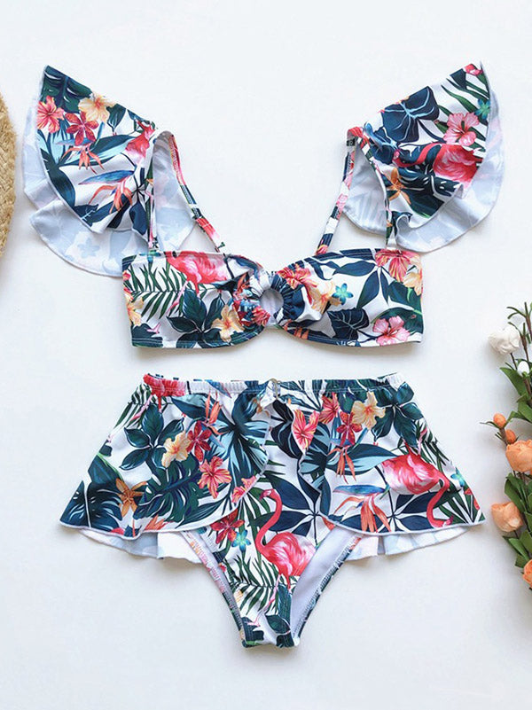 Sexy Floral Printed Ruffles Three-Pieces Bikini Swimsuit