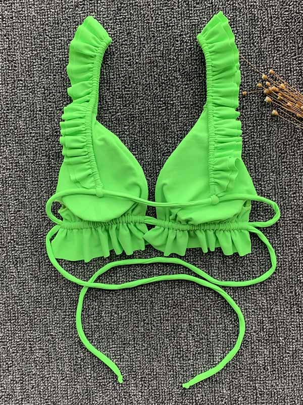 Solid Color Ruffled Triangles Split Bikini Swimsuit