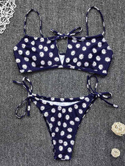 Floral-Print Backless Bandage Split Bikini Swimsuit