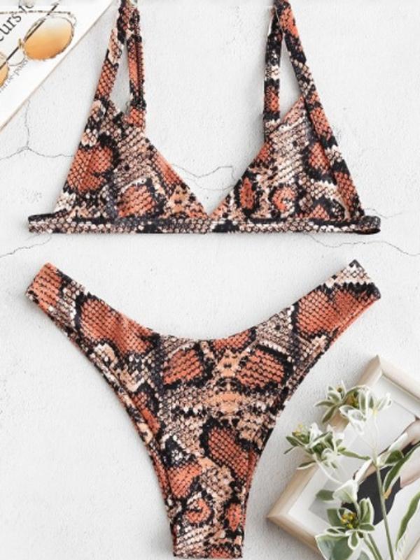 Snake-Print Backless Triangles Split Bikini Swimsuit