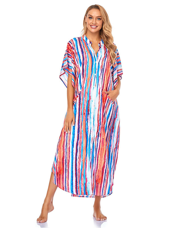 Striped Loose Pocket Cardigan Vacation Beach Cover-Up Swimwear