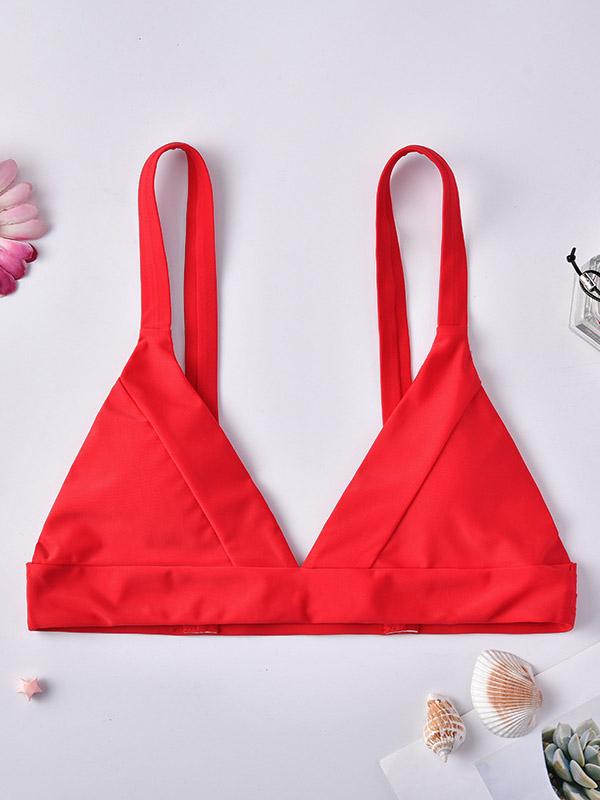 Solid Color Deep V-Neck Bikini Top Swimwear