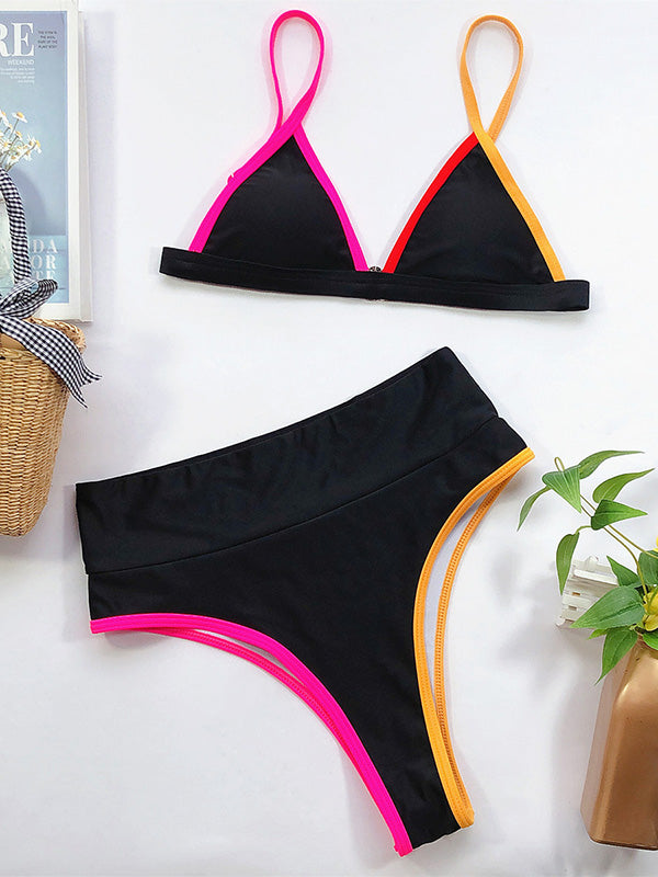 Contrast Color Split-Joint Triangles Empire Split Bikini Swimsuit