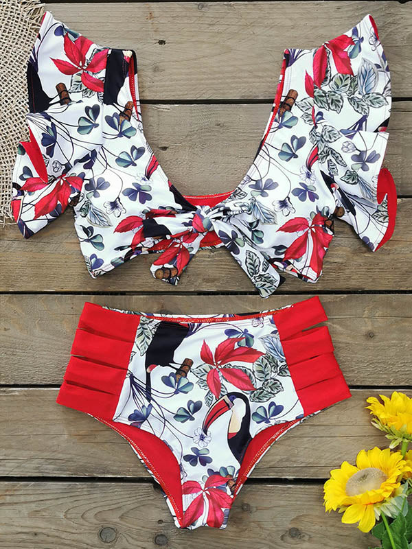 Bikini-Bademode mit Rüschen, Schleife und Blumenmuster und hoher Taille 