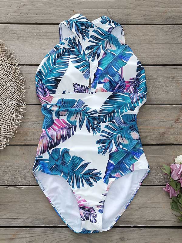 Cropped Floral Print One-Piece Swimsuit