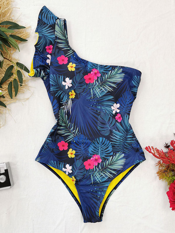 Floral One-Shoulder Falbala Tight One-Piece Swimwear