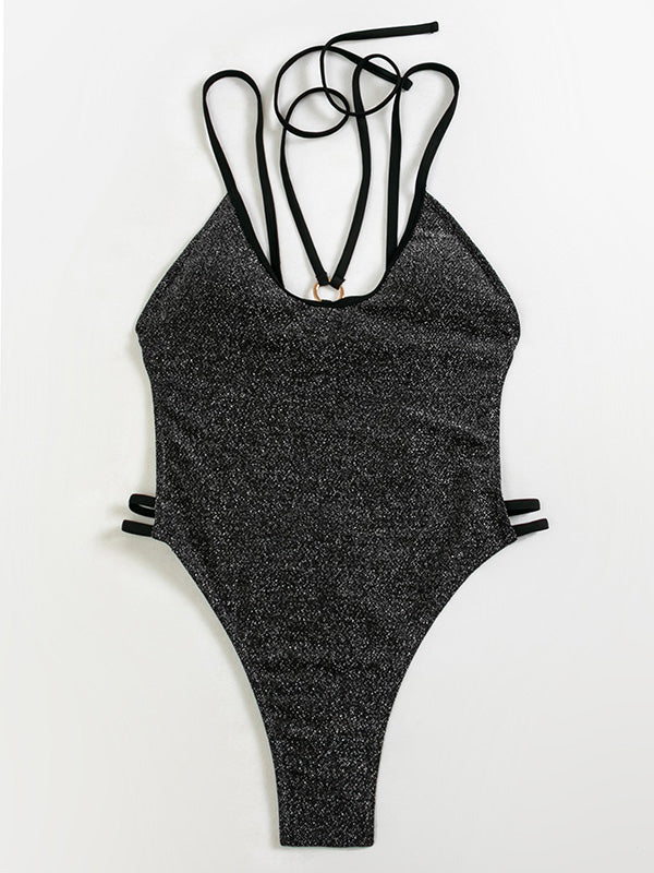 Split-Joint Sequined Backless One-Piece Swimwear