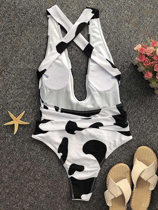 Cow Pattern Deep V-Neck Bandage One-Piece Swimwear