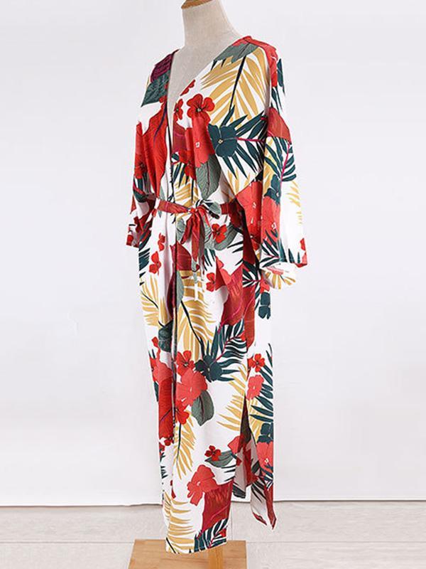 Floral-Print Belted Long Sleeve Tunicshang Cover-Ups