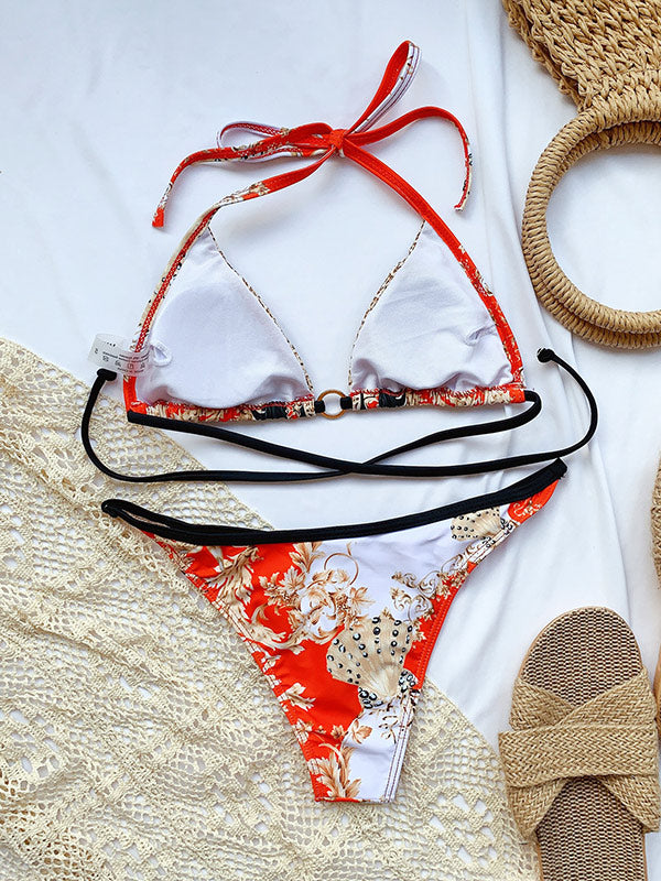 Bandage Floral-Print Triangles Bikinis Swimwear