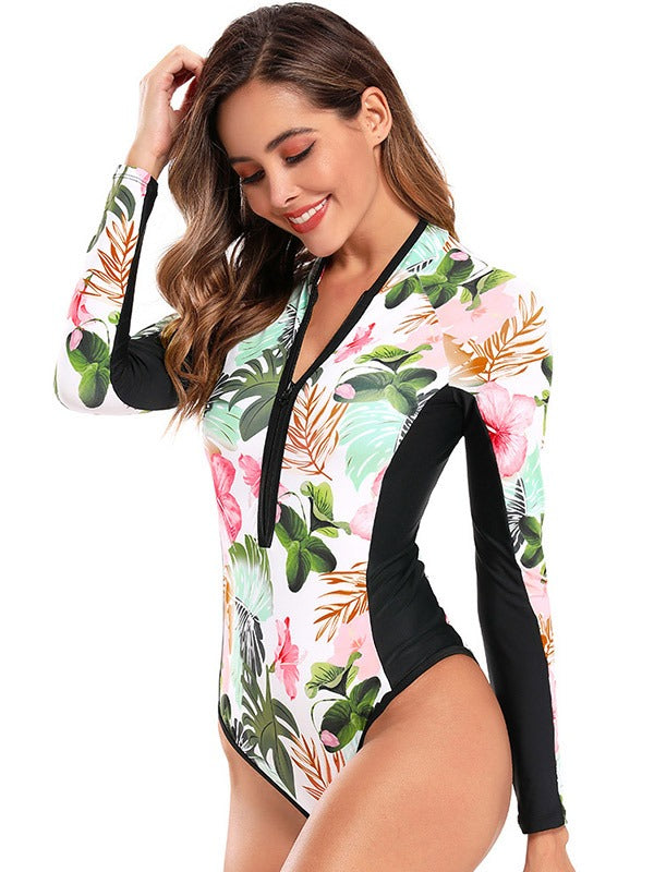 Printed Long Sleeve Zipper Wetsuit Swimsuit