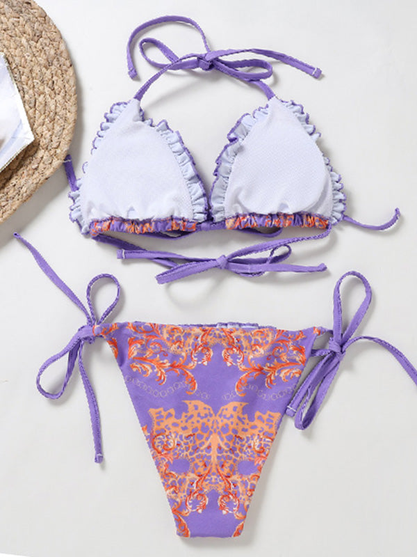 Bikini-Badeanzug mit Blumenmuster, gerüschten Dreiecken und Schlitz 