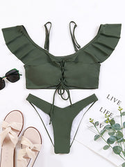 Solid Color Off-The-Shoulder Flared Sleeves Split Bikini Swimsuit