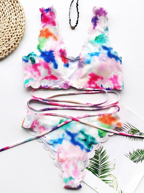 Tie-Dyed Floral-Print Deep V-Neck Bandage Split Bikini Swimsuit