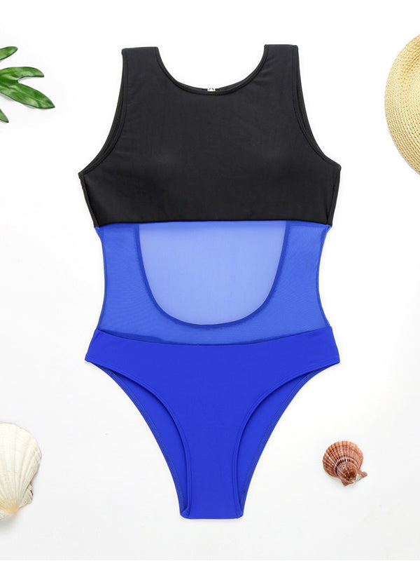 Solid Color Split-Joint See-Through  One-Piece Swimwear