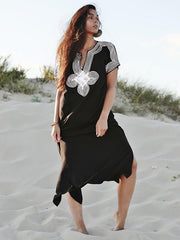 V-Neck Embroidered Split-Side Short Sleeve Cover-Up Swimwear