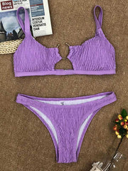 Solid Color Embellished Hollow Split Bikini Swimsuit