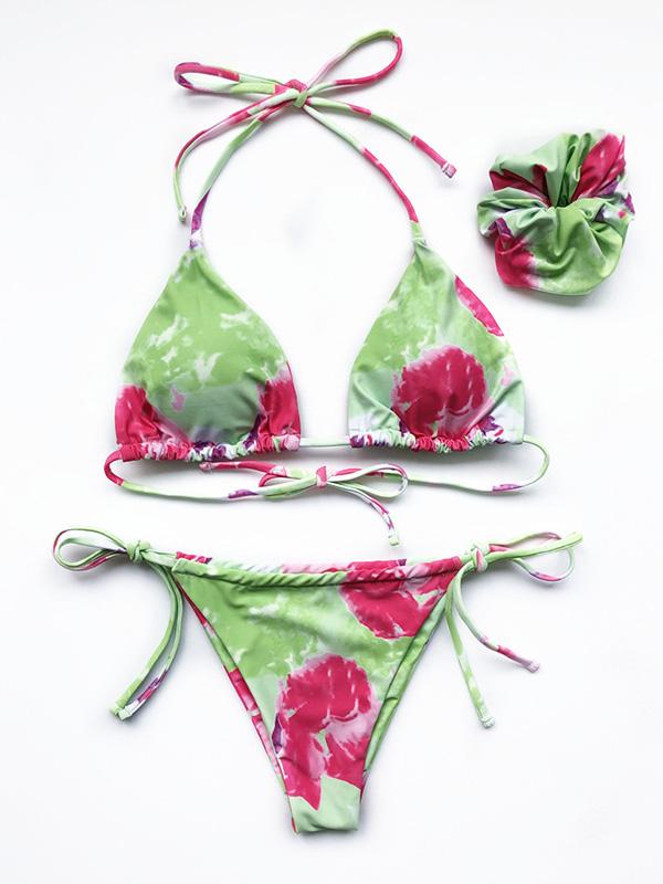 Tie-Dyed Printed Halterneck Split Bikini Swimsuit +Hair Ring