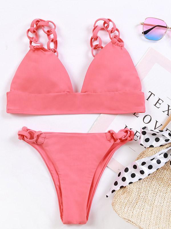 Solid Color Braided Triangles Split Bikini Swimsuit