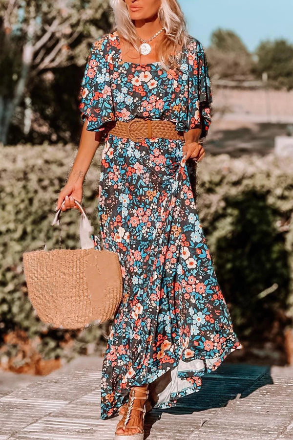 Sky Blue Boho Floral Print Knotted Backless Maxi Dress