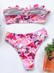 Bandeau-Bikini-Badeanzug mit Blumenmuster, Falbala, Stufendesign und Schlitz 