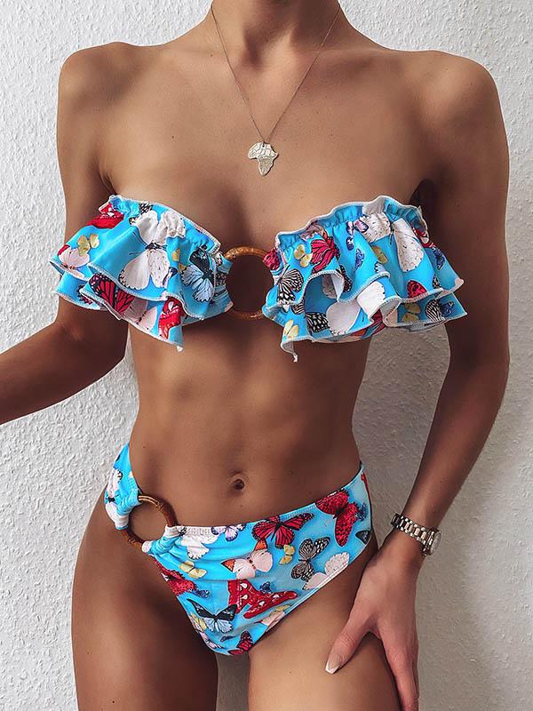 Bandeau-Bikini-Badeanzug mit Blumenmuster, Falbala, Stufendesign und Schlitz 