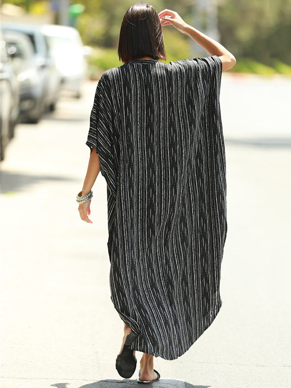 Striped Loose Pocket Cardigan Vacation Beach Cover-Up Swimwear