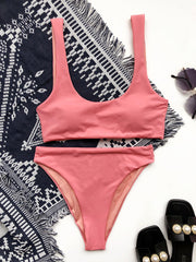 Solid Color Concise Square-Neck Split Bikini Swimsuit