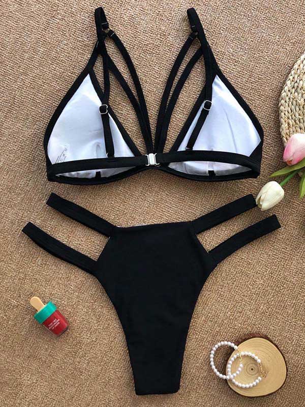 Solid Color Bandage Hollow Bikini Swimsuit