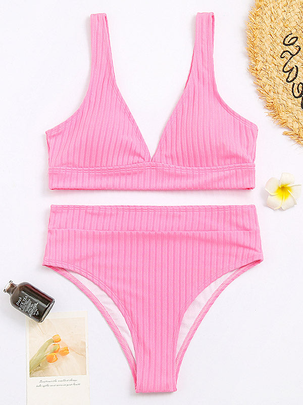 Solid Color Striped Deep V-Neck Split Bikini Swimsuit