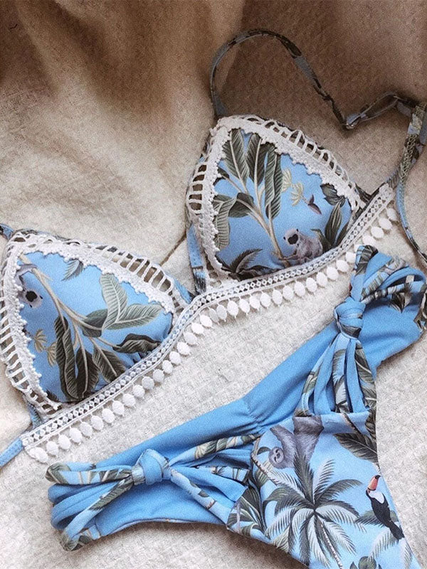 Floral-Print Lace Split-Joint Triangles Split Bikini Swimsuit