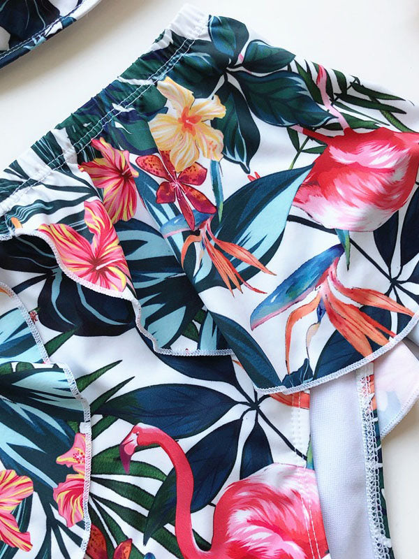 Sexy Floral Printed Ruffles Three-Pieces Bikini Swimsuit