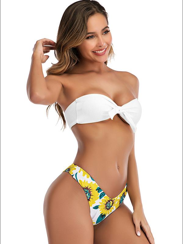 Color-Block Floral-Print Knotted Bandeau Split Bikini Swimsuit