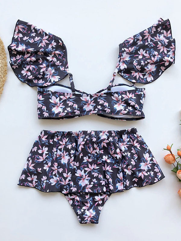 Sexy Floral Printed Ruffles Three-Pieces Bikini Swimsuit