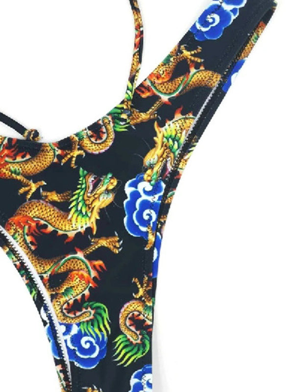 Strapless Printed Chinese Style Bandeau Bikini Swimsuit