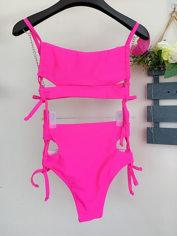 Solid Color Hollow Bandage Split Bikini Swimsuit