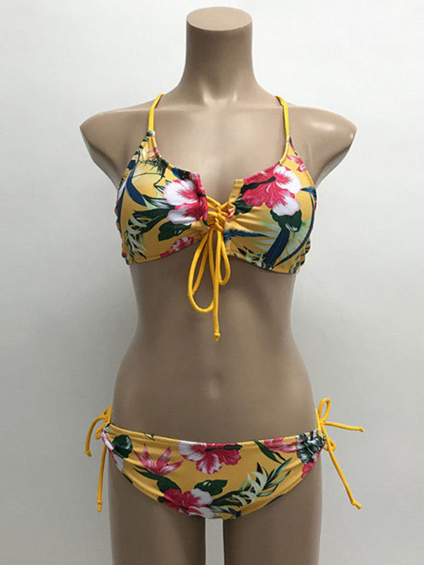 Floral Print Backless Bandage Bustier Tie Side Bikini Swimwear