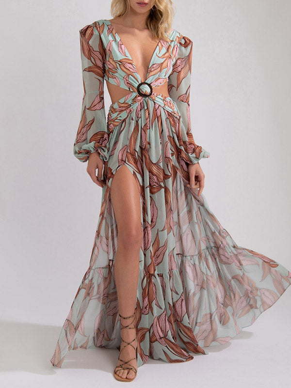 Floral-Print Bandage Puff Sleeves Asymmetric Bohemian Maxi Dress