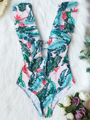 Floral Falbala Backless  One-Piece Swimsuit