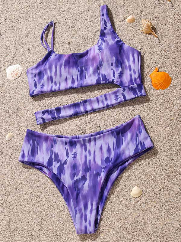 Tie-Dyed Gradient Asymmetric Hollow Split Bikini Swimsuit