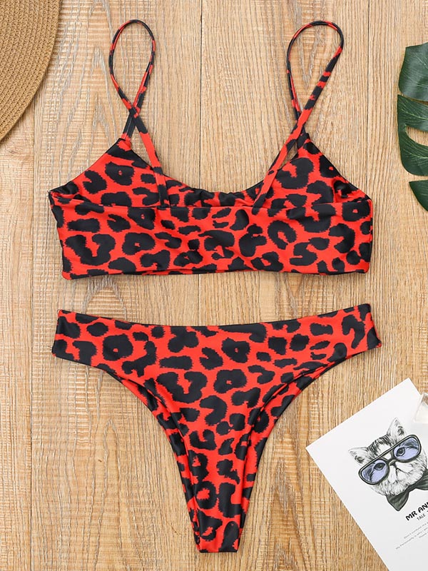 Leopard Print Spaghetti-Neck Split Bikini Swimsuit